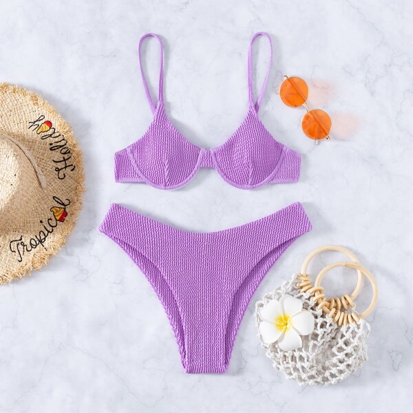 

Solid Smocked Bikini Swimsuit, Purple