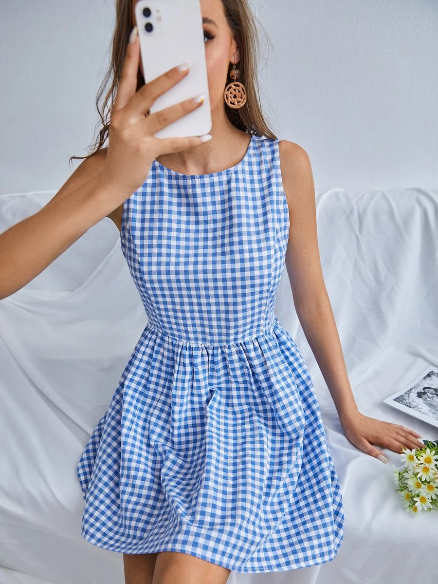SHEIN Gingham Flare Hem Dress - Blue and White - View 1