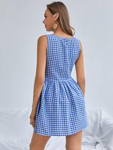 SHEIN Gingham Flare Hem Dress - Blue and White - View 2