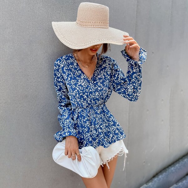 

Ditsy Floral Surplice Front Peplum Blouse, Blue and white