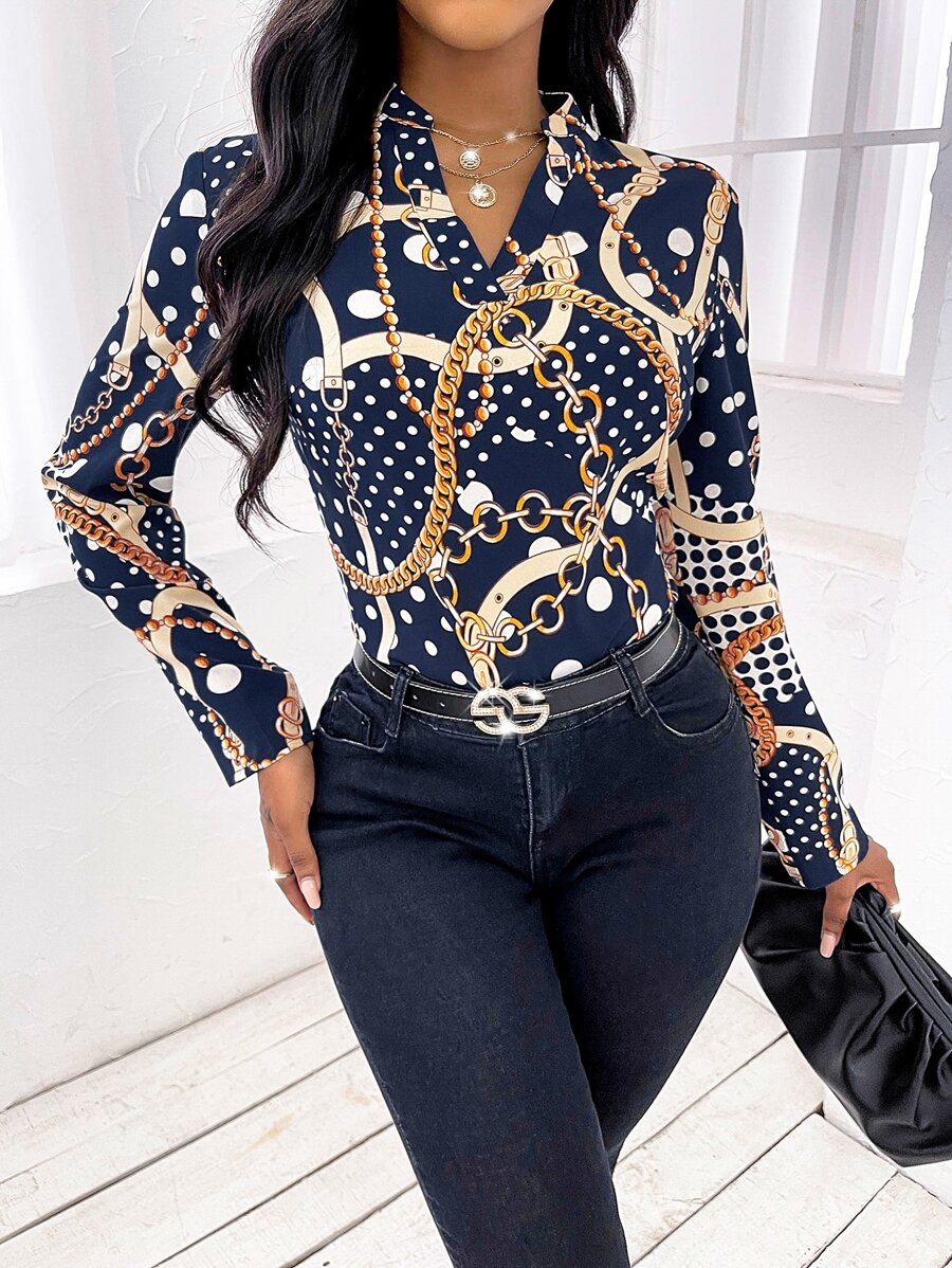 SHEIN Slayr Chain And Polka Dot Print Blouse - Navy Blue - View 1