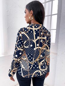 SHEIN Slayr Chain And Polka Dot Print Blouse - Navy Blue - View 2
