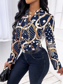 SHEIN Slayr Chain And Polka Dot Print Blouse - Navy Blue - View 4