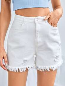 SHEIN Raw Hem Solid Shorts - White - View 2