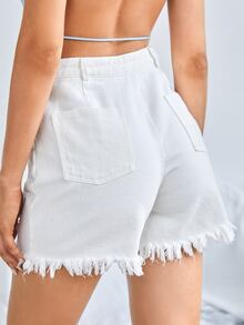 SHEIN Raw Hem Solid Shorts - White - View 3
