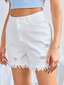 SHEIN Raw Hem Solid Shorts - White - View 5