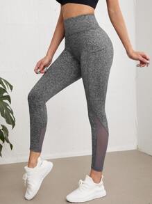 High Stretch Mesh Insert Sports Leggings - Grey - View 5