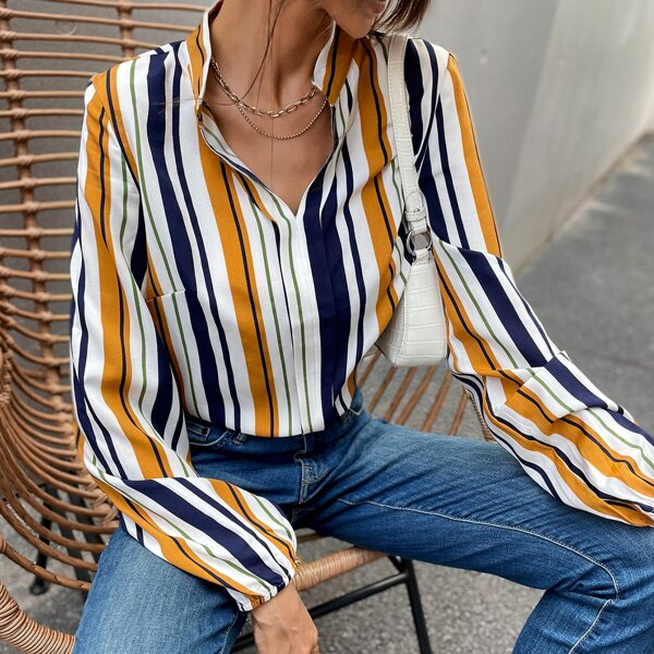 

Notched Neck Colorful Stripe Blouse, Multicolor