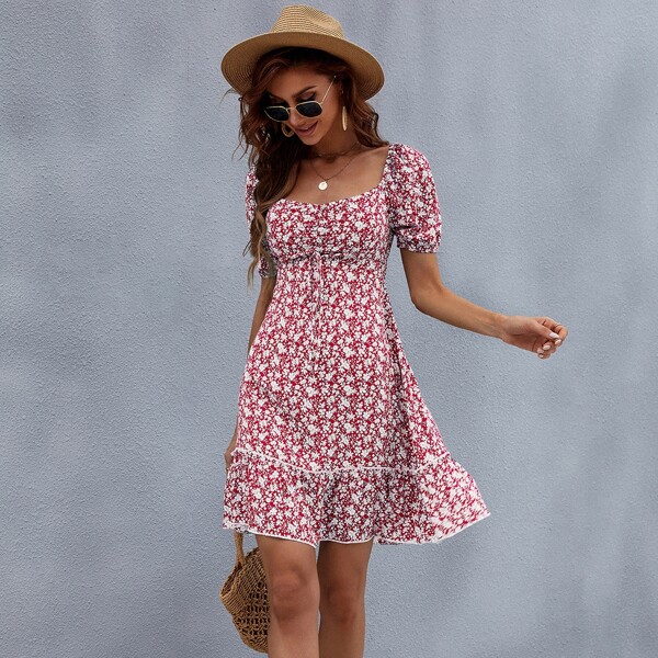 

Knot Front Ditsy Floral Milkmaid Dress, Red