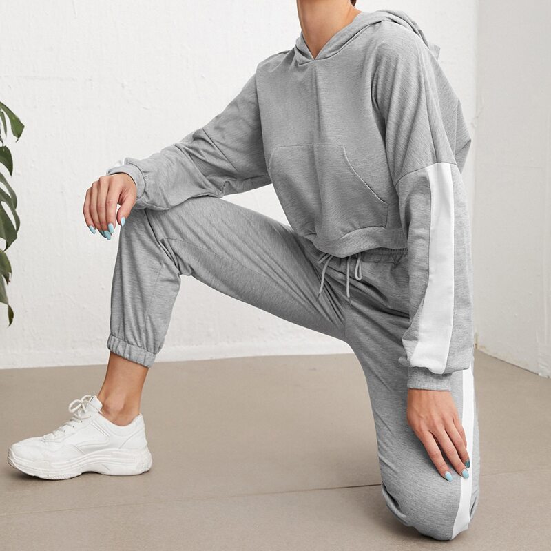 

Contrast Panel Sports Hoodie With Drawstring Sweatpants, Light grey