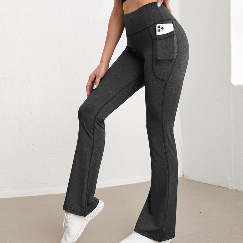 

Wide Waistband Phone Pocket Flare Leg Sports Pants, Dark grey