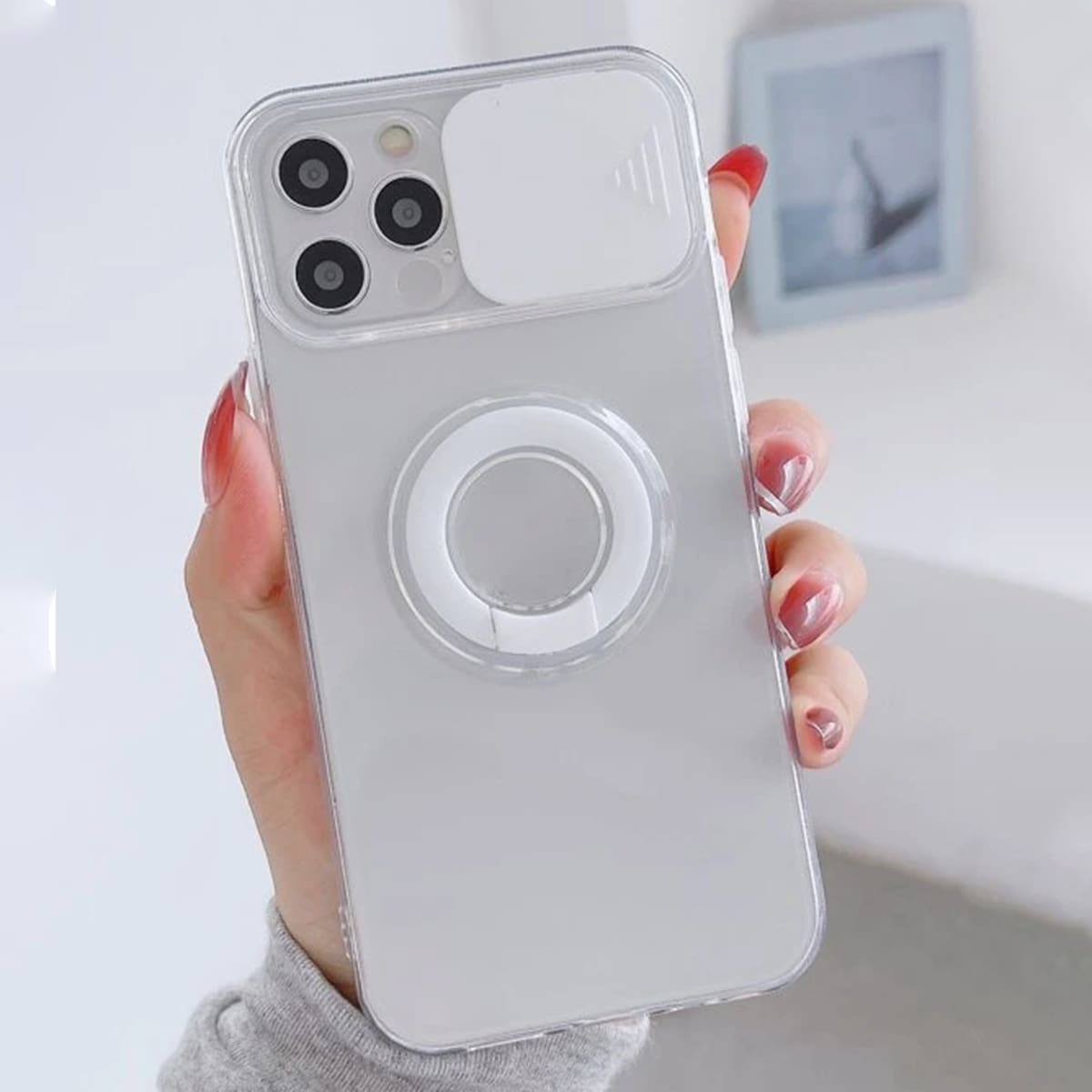 

Slide Camera Cover Phone Case With Ring Holder, White