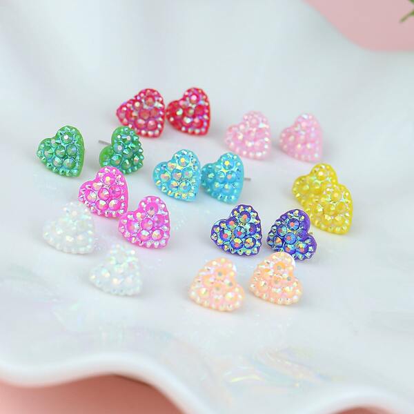 

9pairs Girls Heart Stud Earrings, Multicolor
