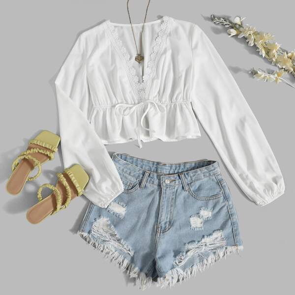 

Solid Contrast Lace Drawstring Blouse, White