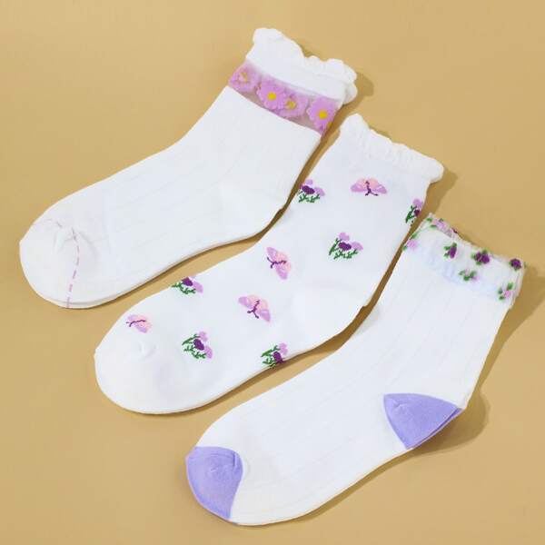 

3pairs Floral Print Crew Socks, Multicolor