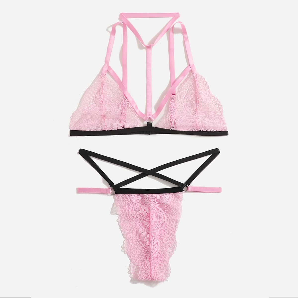 

Floral Lace Choker Lingerie Set, Pink