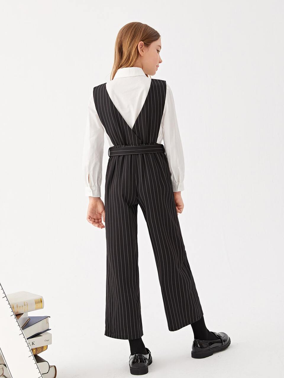 Girls Solid Button Up School Blouse & Striped Print Belted Overall Jumpsuit