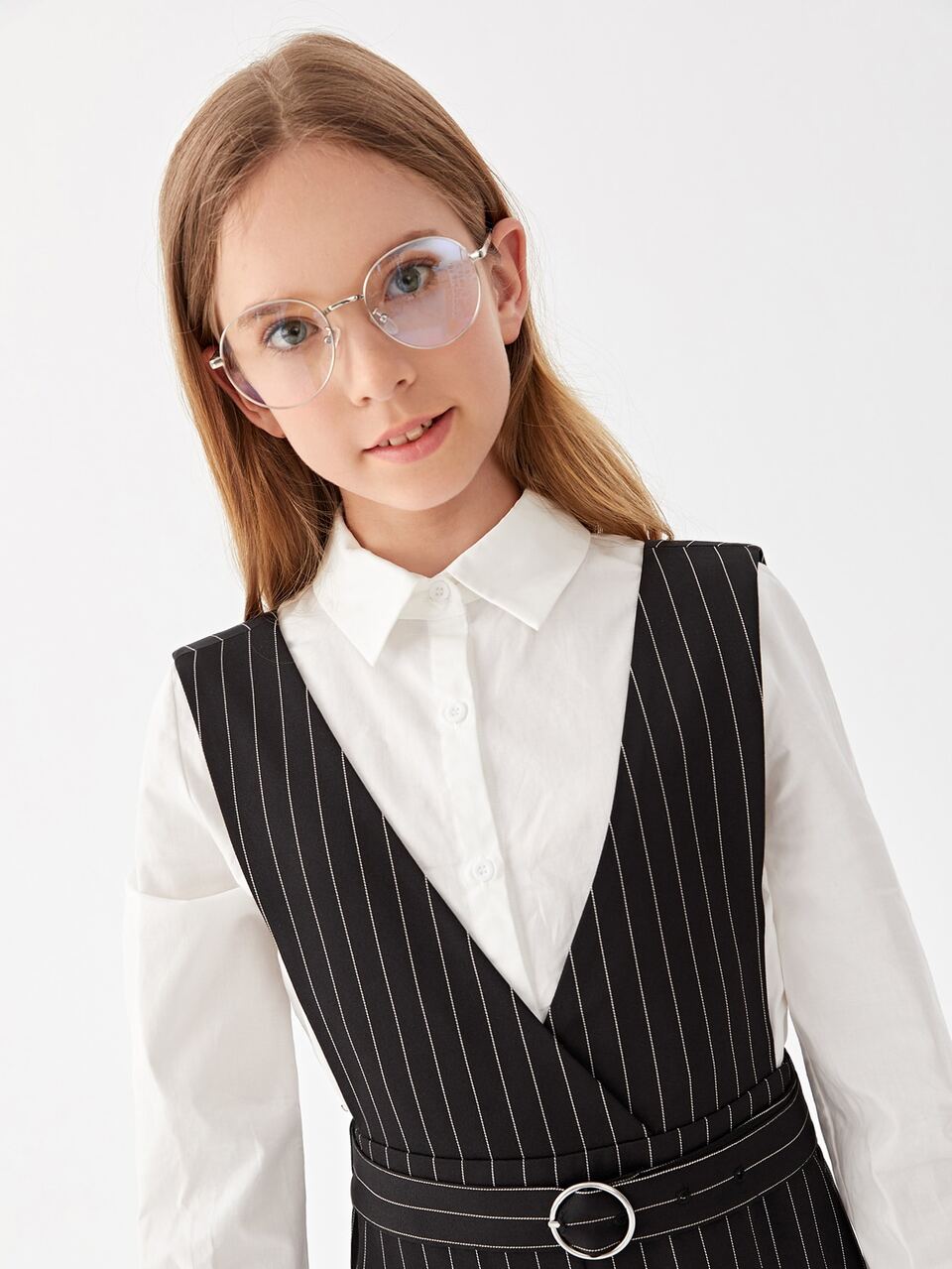 Girls Solid Button Up School Blouse & Striped Print Belted Overall Jumpsuit