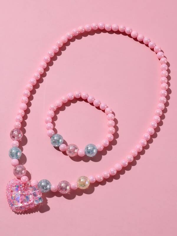 2 件套粉色领结、闪光心形吊坠、彩色串珠项链和手链首饰套装，适合女孩，适合节日派对礼物，颜色多样