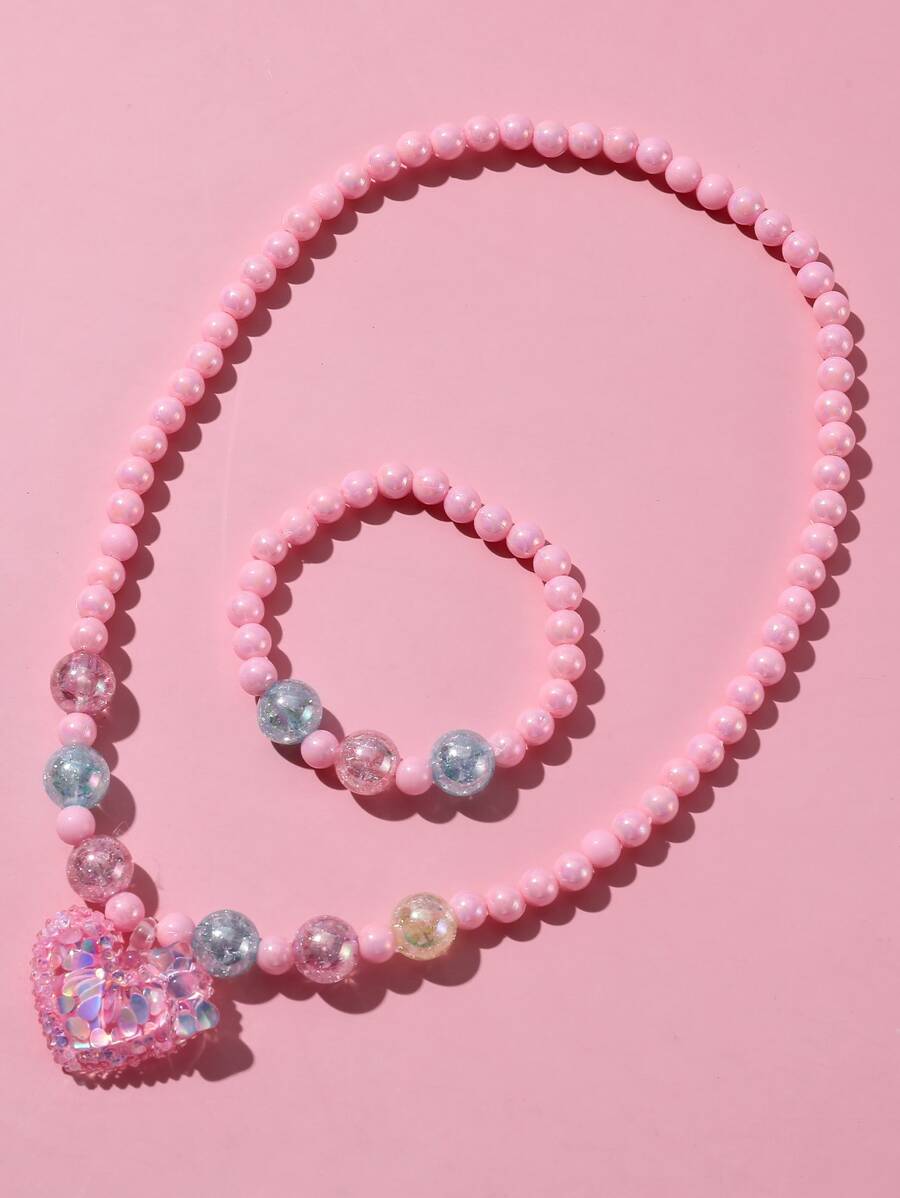 2 peças/Conjunto Gravata Borboleta Rosa, Pingente de Coração Brilhante, Conjunto de Joias com Colar e Pulseira de Contas Coloridas para Meninas, Adequado para Presentes de Festa de Feriado, Cores Variadas - Multicolorido - Visão 1