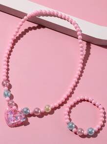 2 peças/Conjunto Gravata Borboleta Rosa, Pingente de Coração Brilhante, Conjunto de Joias com Colar e Pulseira de Contas Coloridas para Meninas, Adequado para Presentes de Festa de Feriado, Cores Variadas - Multicolorido - Visão 2
