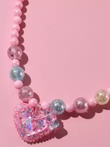 2 peças/Conjunto Gravata Borboleta Rosa, Pingente de Coração Brilhante, Conjunto de Joias com Colar e Pulseira de Contas Coloridas para Meninas, Adequado para Presentes de Festa de Feriado, Cores Variadas - Multicolorido - Visão 3