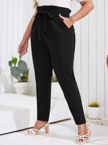 Mulvari Plus Solid Slant Pocket Belted Pants - Black - View 3