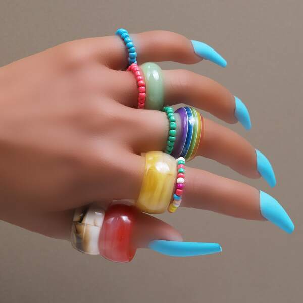 

9pcs Beaded Ring, Multicolor