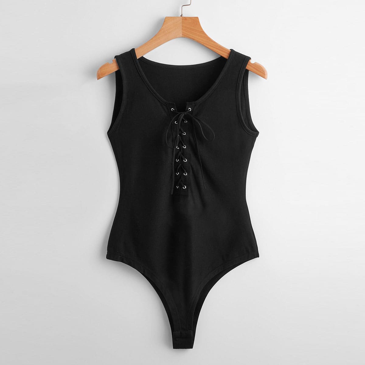 

Solid Lace Up Bodysuit, Black
