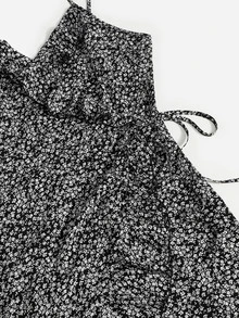 SHEIN 大碼圍裹繫帶小碎花連衣裙 - 黑色 - 查看 4
