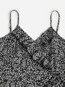 SHEIN 大碼圍裹繫帶小碎花連衣裙 - 黑色 - 查看 6
