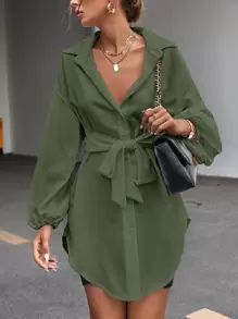 Chiquease Solid Tie Front Drop Shoulder Blouse Women Shirt - Green - View 1