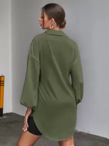 Chiquease Solid Tie Front Drop Shoulder Blouse Women Shirt - Green - View 2