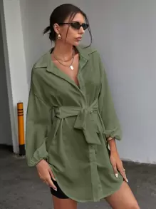 Chiquease Solid Tie Front Drop Shoulder Blouse Women Shirt - Green - View 3