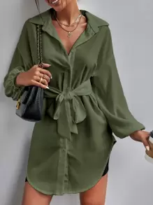 Chiquease Solid Tie Front Drop Shoulder Blouse Women Shirt - Green - View 4