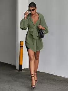 Chiquease Solid Tie Front Drop Shoulder Blouse Women Shirt - Green - View 5