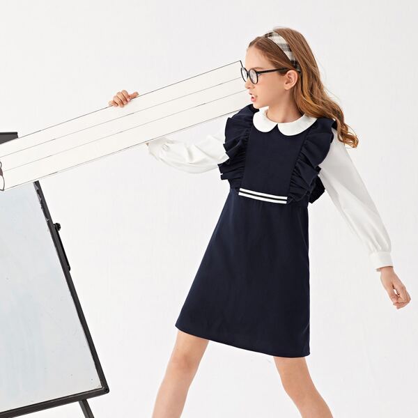 

Girls Peter-pan Collar School Top & Ruffle Sleeve Striped Dress, Multicolor