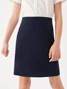 SHEIN Girls Solid Split Hem School Skirt - Navy Blue - View 3