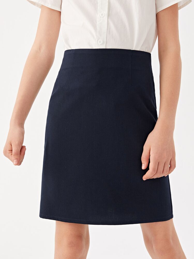 SHEIN Girls Solid Split Hem School Skirt - Navy Blue - View 3