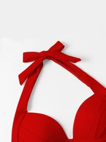 Solid Underwire Halter Bikini Top - Red - View 3