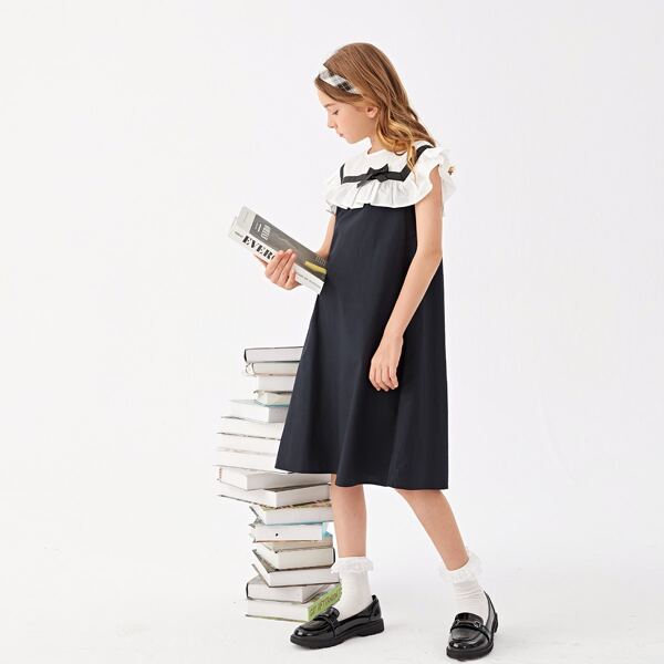 

Girls Ruffle Trim Decor Bow School Dress, Black and white