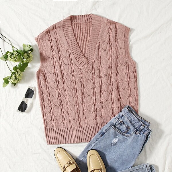 

Cable Knit Sweater Vest Without Blouse, Apricot