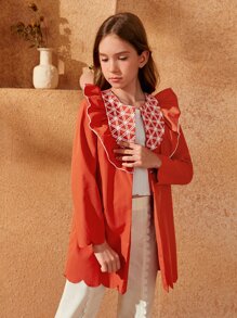SHEIN Abrigo ribete en abanico con fruncido con estampado geométrico - Naranja Quemada - Ver 2