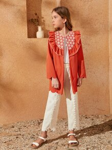 SHEIN Abrigo ribete en abanico con fruncido con estampado geométrico - Naranja Quemada - Ver 4