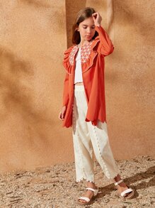 SHEIN Abrigo ribete en abanico con fruncido con estampado geométrico - Naranja Quemada - Ver 5