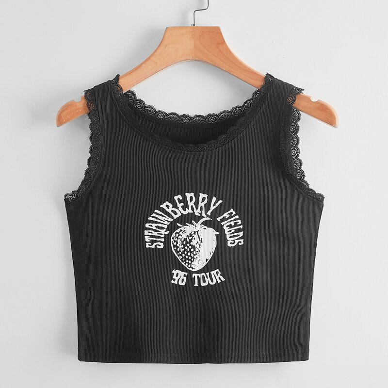 

Contrast Lace Letter Strawberry Graphic Ribbed Tank Top, Black