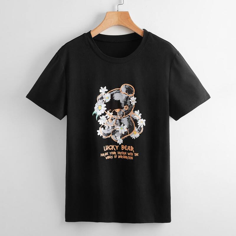 

Letter Cartoon Bear & Floral Graphic Tee, Black