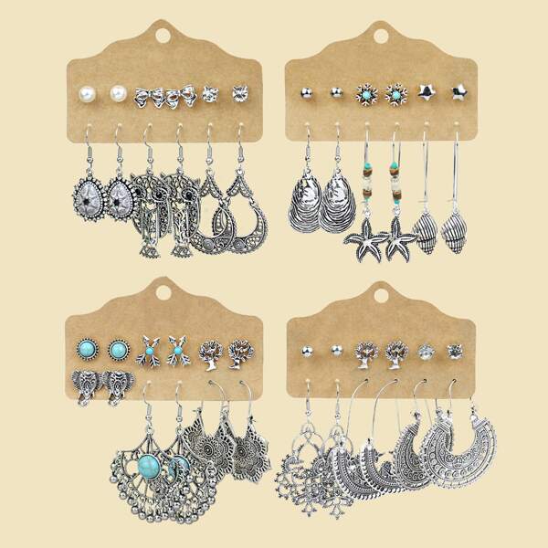 

24pairs Shell & Starfish Charm Earrings, Antique silver