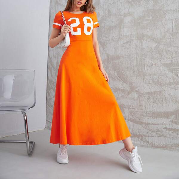 

Letter Graphic High Waist Maxi Dress, Orange