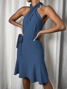 Tied Backless Belted Ruffle Hem Dress - Blue - View 4